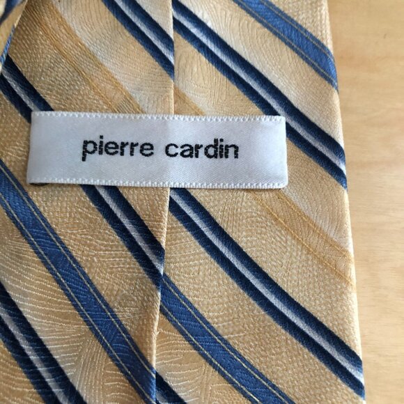 Vintage Pierre Cardin Silk Jacquard Yellow Gold Navy & Light Blue Striped Tie - Picture 3 of 6
